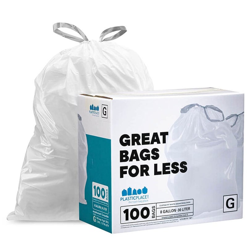 Plasticplace Custom Fit Trash Bags, Compatible with simplehuman Code G (100 Count) White Drawstring Garbage Liners 8 Gallon / 30 Liters, 17.5" x 28" - Image 1